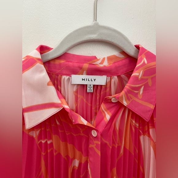 Milly Floral Pleated Blouse Pink Orange Small - Picture 8 of 9